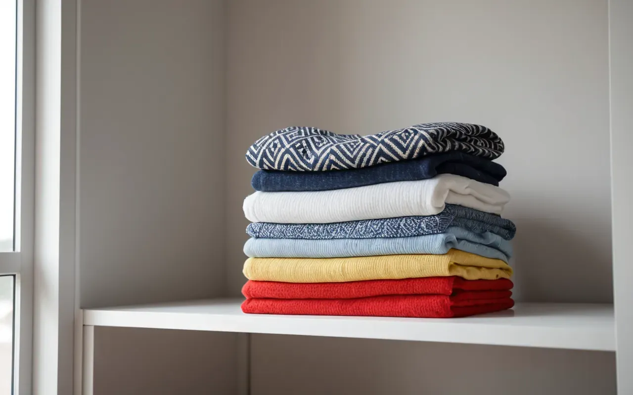 organized baby wardrobe A bright modern bedroom interior with neatly folded colorful baby clothes stacked on a white shelf near a window letting in soft natural light creating a cozy and organized atmosphere without any visible text or signage.