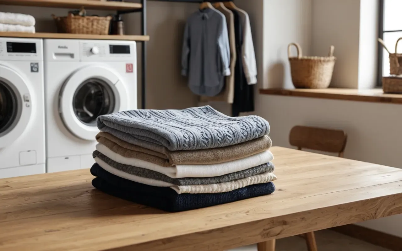 A bright modern laundry room with a white washing machine and a neatly folded stack of children clothing in soft earth tones resting on a wooden countertop under natural window light