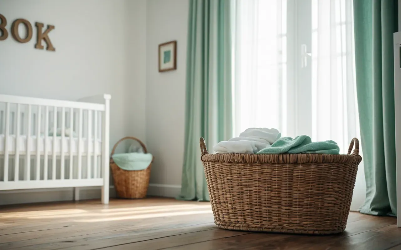 gender-neutral baby wardrobe A bright nursery room with a white crib and soft mint green curtains where a small basket of folded neutral-colored baby clothes sits on a wooden floor near a potted plant.