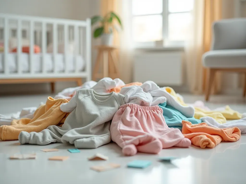 baby clothing clutter A chaotic pile of colorful baby clothes on a white floor with mismatched sizes and tags visible showing confusion about infant sizing standards in a modern nursery room.