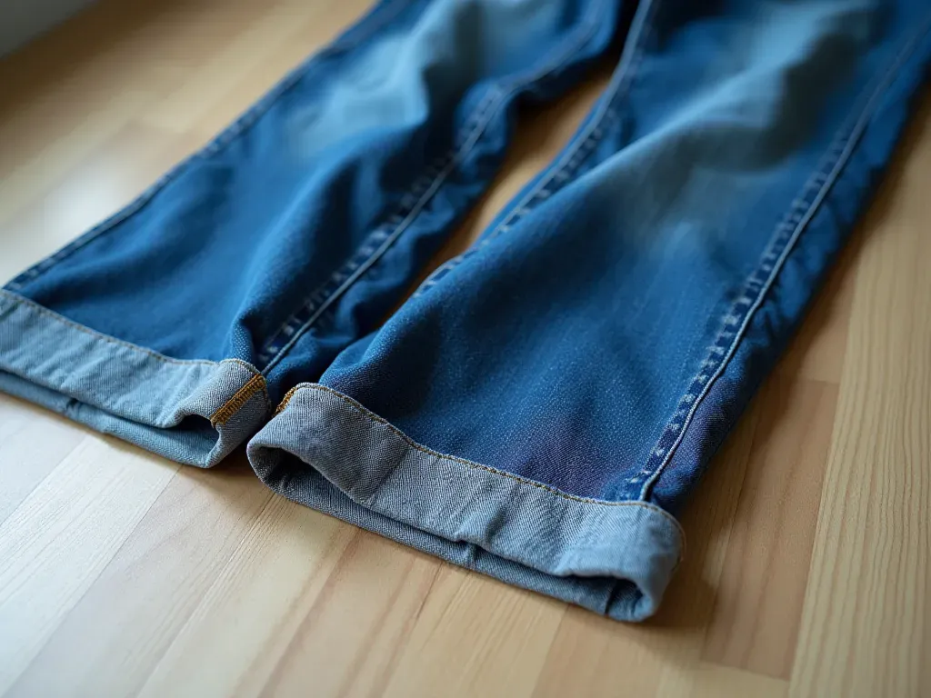 everyday denim fit A close-up of a pair of blue wide-leg jeans with cuffed hems laid flat on a light wooden surface showing the fabric texture and stitching details in natural daylight.