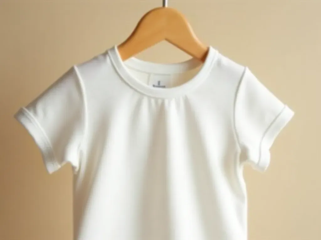 clean baby clothes A close-up of a pristine white baby onesie hanging on a wooden hanger in bright natural light. The fabric looks soft and clean against a neutral beige background.