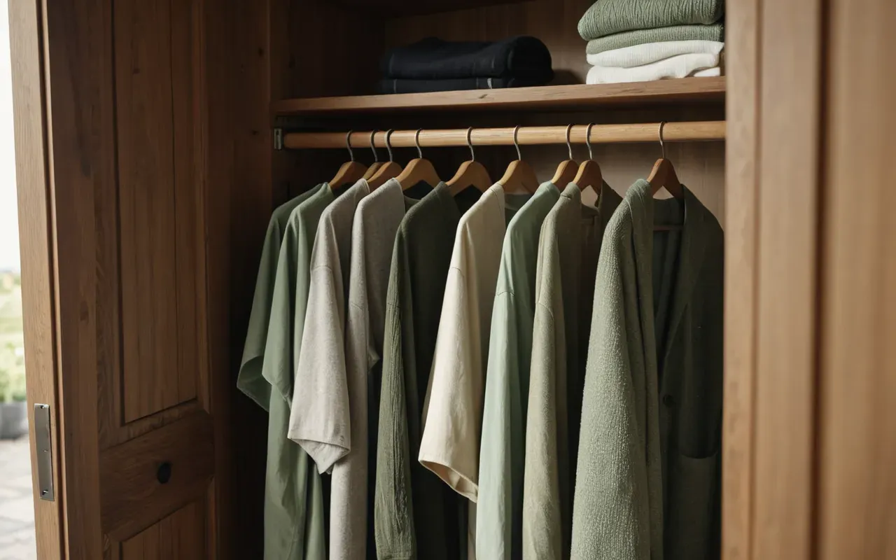 gender-neutral baby clothes A close-up of a wooden closet door slightly open revealing neatly folded neutral-toned baby garments in soft beige and sage green fabrics with natural lighting casting gentle shadows on the fabric texture.