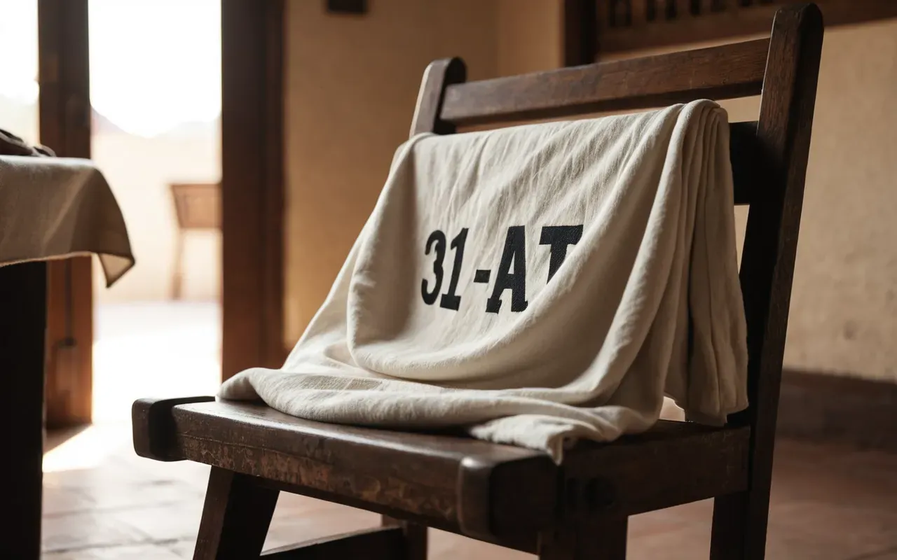 A close up shot of soft natural cotton fabric draped over a wooden chair in a sunlit room with gentle shadows highlighting the smooth texture and clean folds