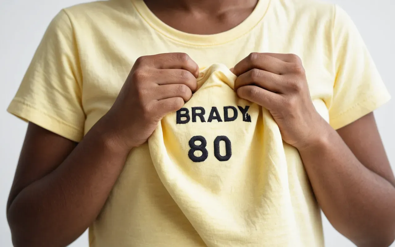 cotton t-shirt detail A close up view of hands holding a soft pastel yellow baby t shirt with visible cotton texture and stitching details against a plain white background emphasizing fabric quality.