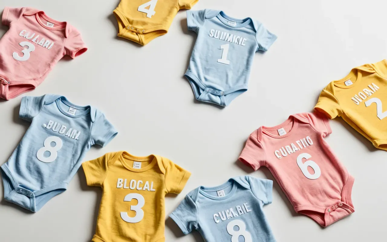 pastel color baby clothing assortment A flat lay arrangement on a white background showing a mix of pastel colored baby bodysuits in pink blue and yellow with soft cotton textures visible.