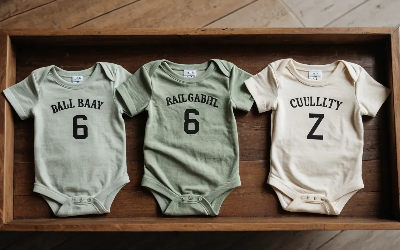 neutral baby clothing palette A flat lay of three folded baby outfits in neutral tones of cream, sage green, and soft gray arranged neatly on a light wooden surface with natural daylight illuminating the fabric folds.