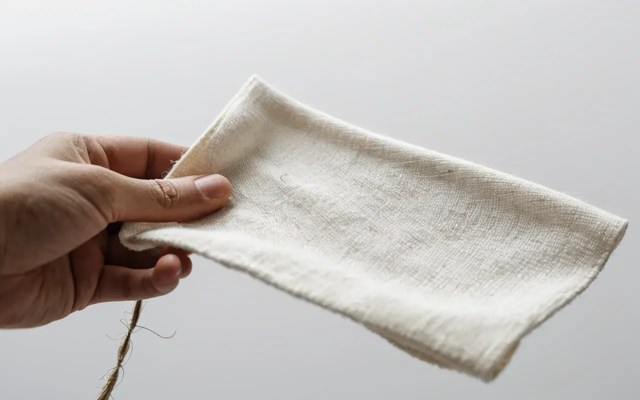 cotton fabric texture inspection for baby clothes A hand holding a soft cotton fabric swatch showing the weave texture and thread quality under bright studio lighting with a clean white background.