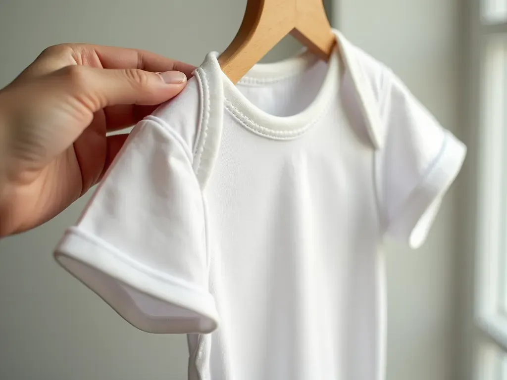 baby clothing seam quality check A hand holding a white cotton bodysuit showing the thick stitching at the neckline and sleeve openings under bright studio lighting with no visible labels or text on the garment surface