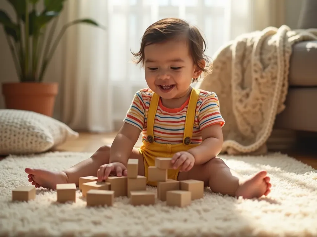 toddler playing with clothes A happy toddler wearing a colorful striped romper playing with wooden blocks on a soft beige rug, bathed in warm afternoon light, with a cozy knitted blanket draped nearby