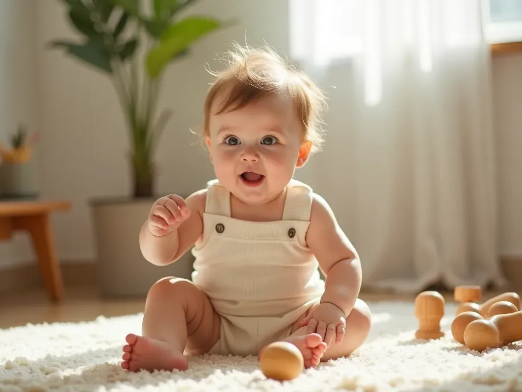 sustainable toddler playwear A happy toddler wearing a simple organic cotton romper playing with wooden toys on a soft rug in bright natural sunlight highlighting sustainable and comfortable baby fashion choices.