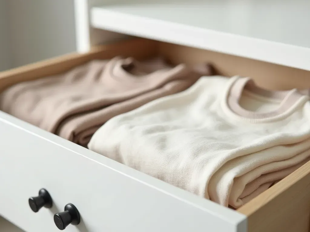 organized baby closet tips A minimalist white dresser drawer neatly folded with neutral colored organic cotton baby clothes showing efficient organization and sustainable parenting fashion habits.