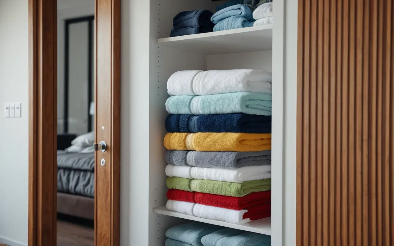 JCPenney back to school sale A modern bedroom closet with open wooden doors revealing neat stacks of colorful baby clothes and folded towels on white shelves under soft morning light.