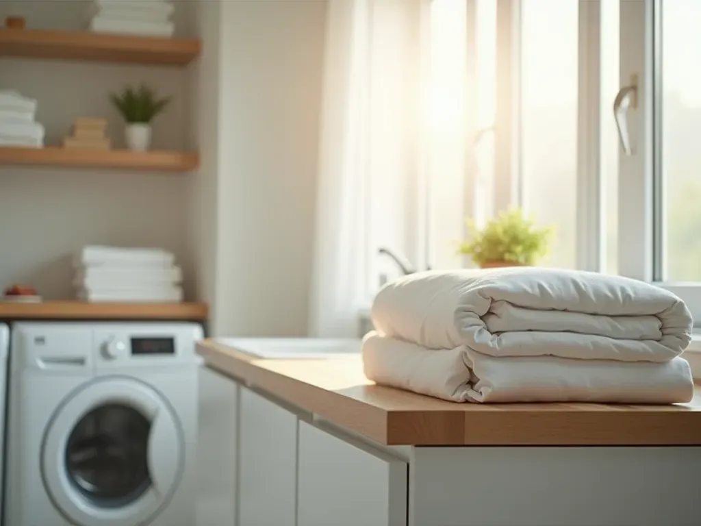 modern laundry routine A modern laundry room with a white washing machine and dryer. Clean sheets are being folded on a bright wooden counter near an open window letting in morning sunlight.