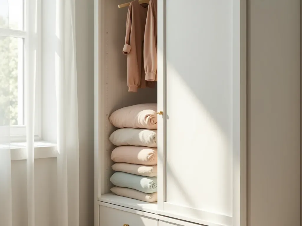 A modern minimalist nursery corner featuring a white wooden wardrobe slightly ajar to reveal neatly folded organic cotton baby clothes in muted earth tones and soft pastels. Natural morning light streams through sheer curtains illuminating the clean textures of knitwear and simple linen outfits stacked carefully inside.