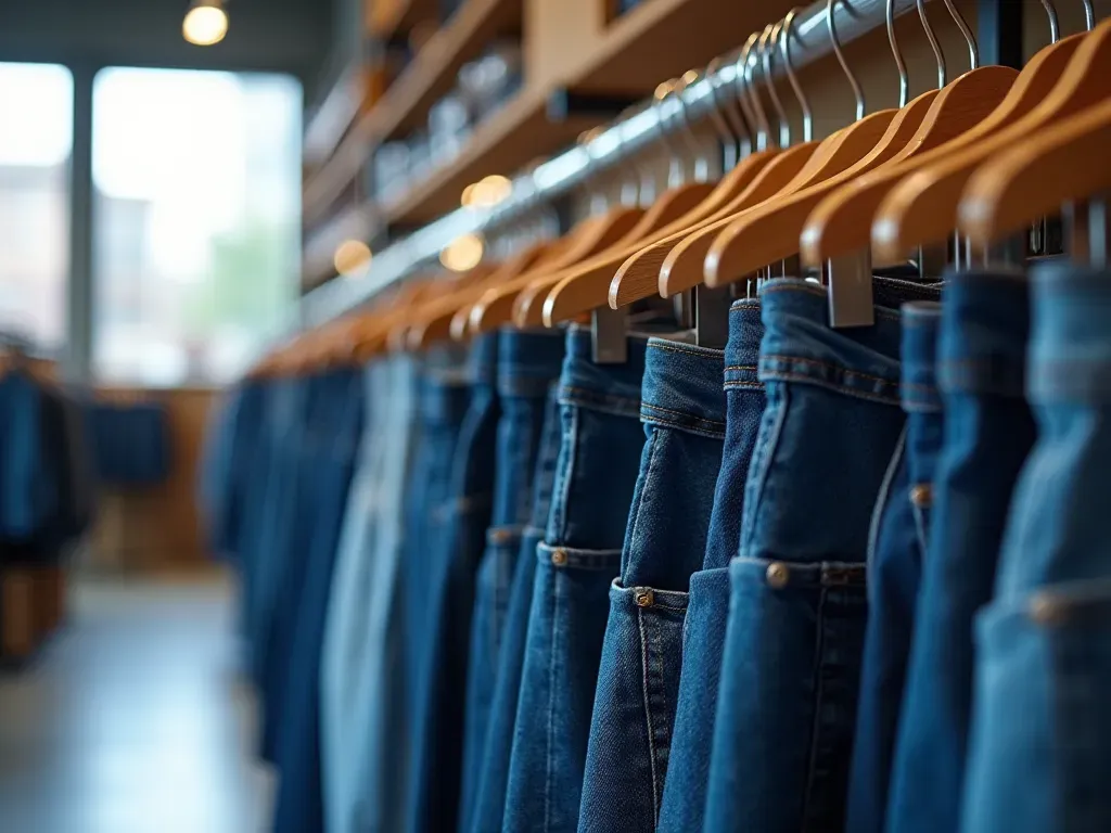 everyday denim A modern retail store interior displaying rows of blue denim jeans on wooden hangers with soft natural lighting from large windows and a clean minimalist aesthetic.