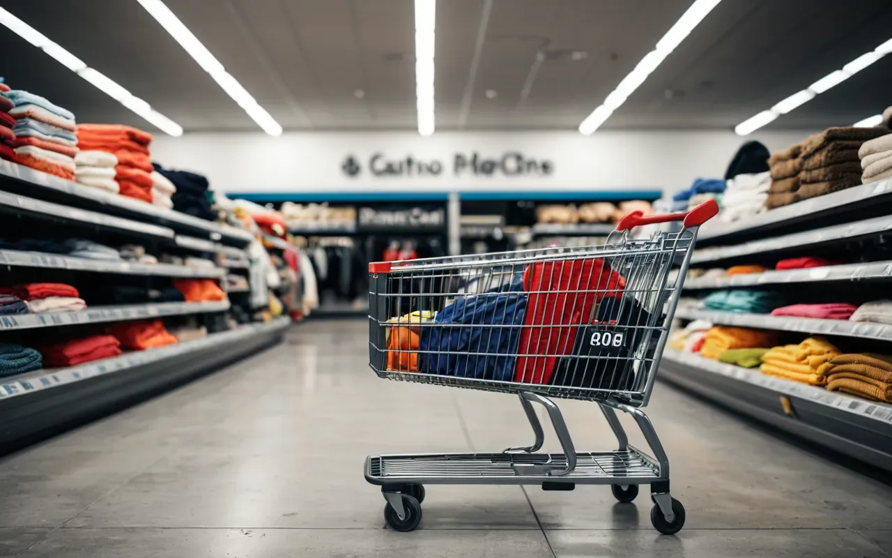 shopping cart full of deals A modern shopping cart filled with colorful folded clothes and a few household items placed on a clean concrete floor in a bright indoor retail space.