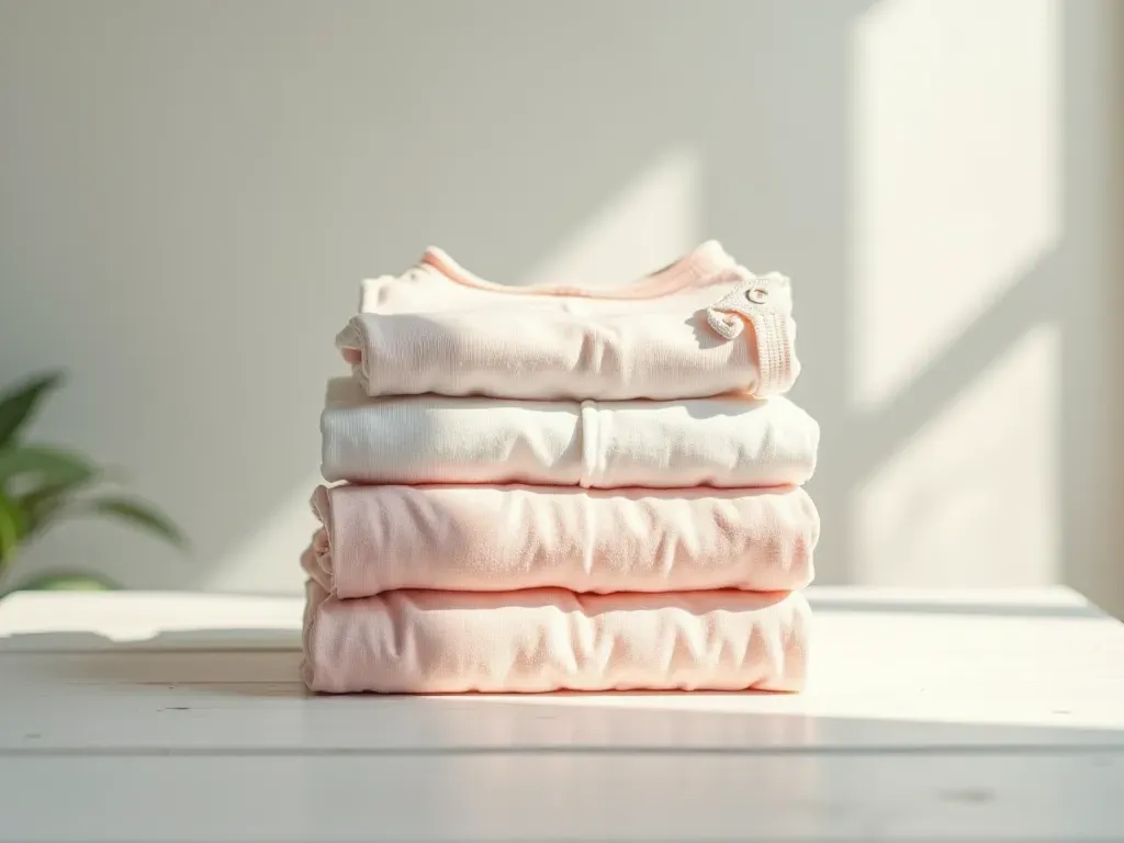 baby sleepsuits stack A neatly folded stack of soft pastel baby sleepsuits and bodysuits on a clean white wooden table, bathed in natural morning sunlight, with a subtle shadow casting across the smooth cotton fabrics