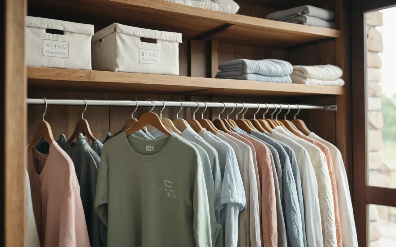 organized baby wardrobe setup A neatly organized closet with soft pastel baby clothes hanging on wooden hangers and folded stacks of fabric in a bright airy room with natural light.
