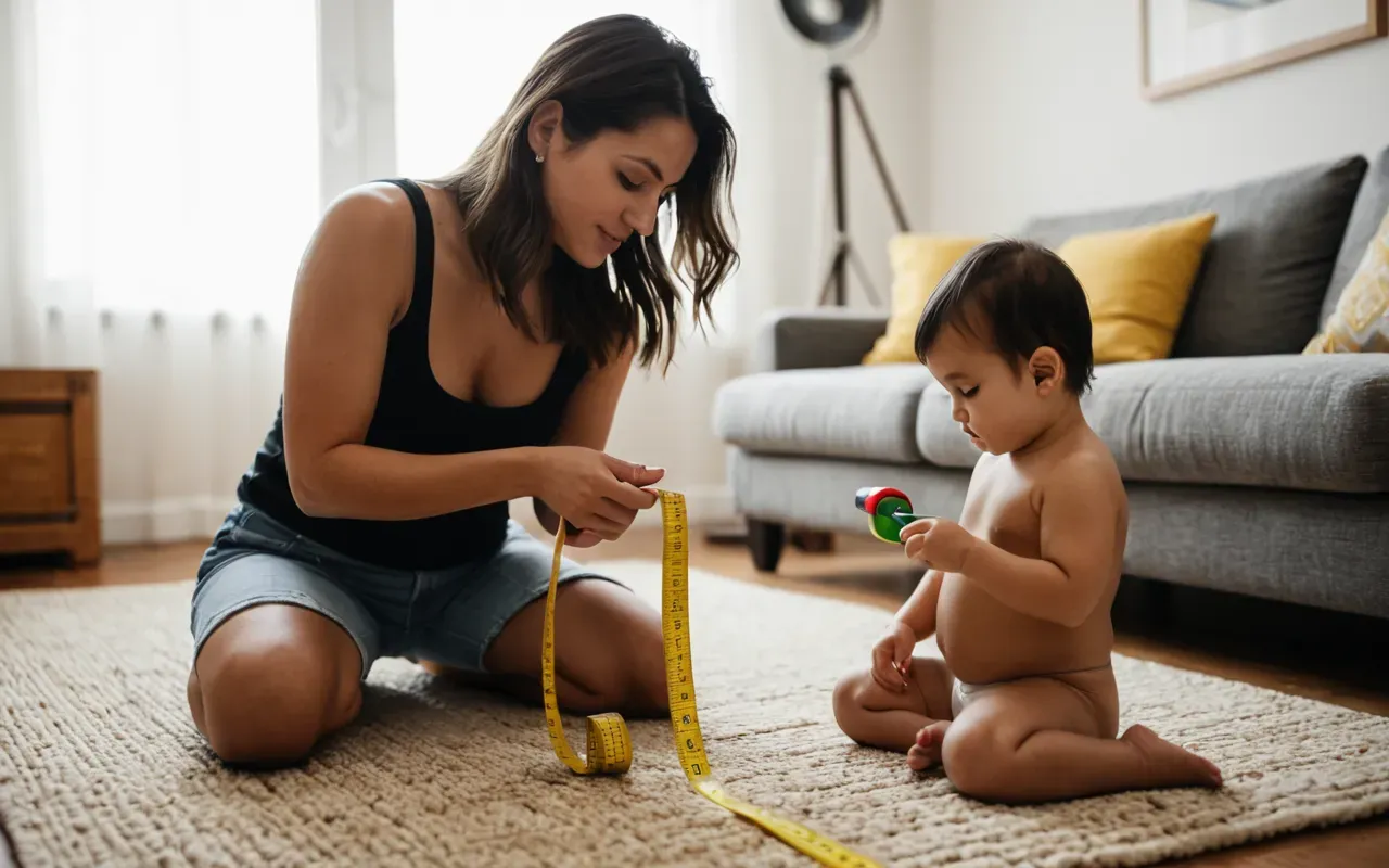 measuring toddler for clothes fit A parent measuring a toddler's chest with a soft yellow tape measure in a bright living room while the child sits patiently on a rug holding a toy block.