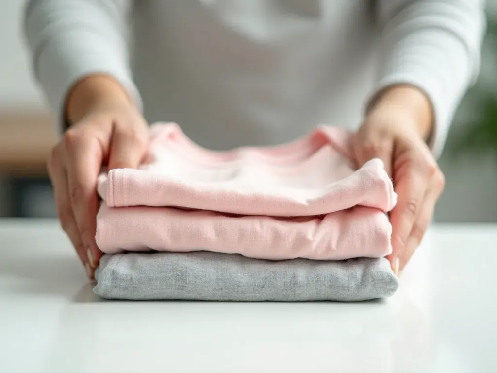 inspecting baby clothing A stack of folded pastel-colored baby clothes on a white table. A pair of hands is carefully inspecting the fabric for quality and cleanliness under soft indoor lighting.