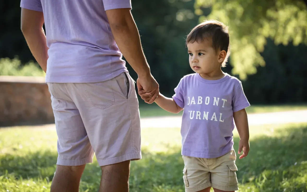 toddler wearing unisex clothing outdoors A toddler standing in a sunny park wearing a soft lavender t shirt and neutral colored shorts while holding the hand of an adult whose face is not visible.