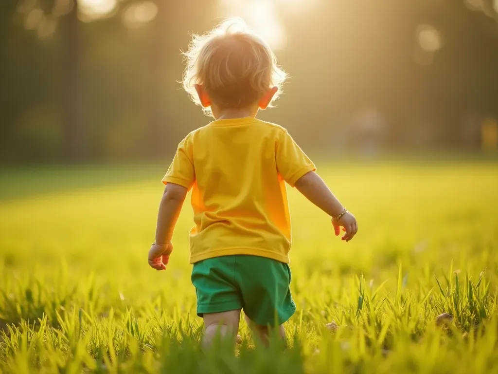 toddler outdoor play clothes A toddler wearing a bright yellow t shirt and green shorts playing in a grassy field with soft sunlight highlighting the vibrant colors of the clothing fabric clearly visible