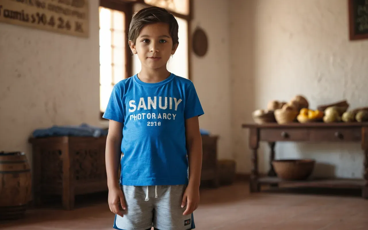casual toddler outfit A young child standing in a bright room wearing a comfortable blue t shirt and shorts with soft lighting highlighting the casual fit of the clothing.