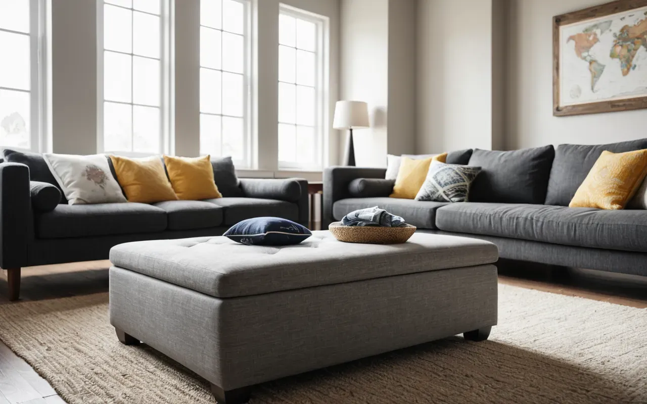 modern baby wardrobe Bright contemporary living room with a modern fabric ottoman holding neatly stacked baby clothing, large windows allowing natural light, clean minimalist interior design
