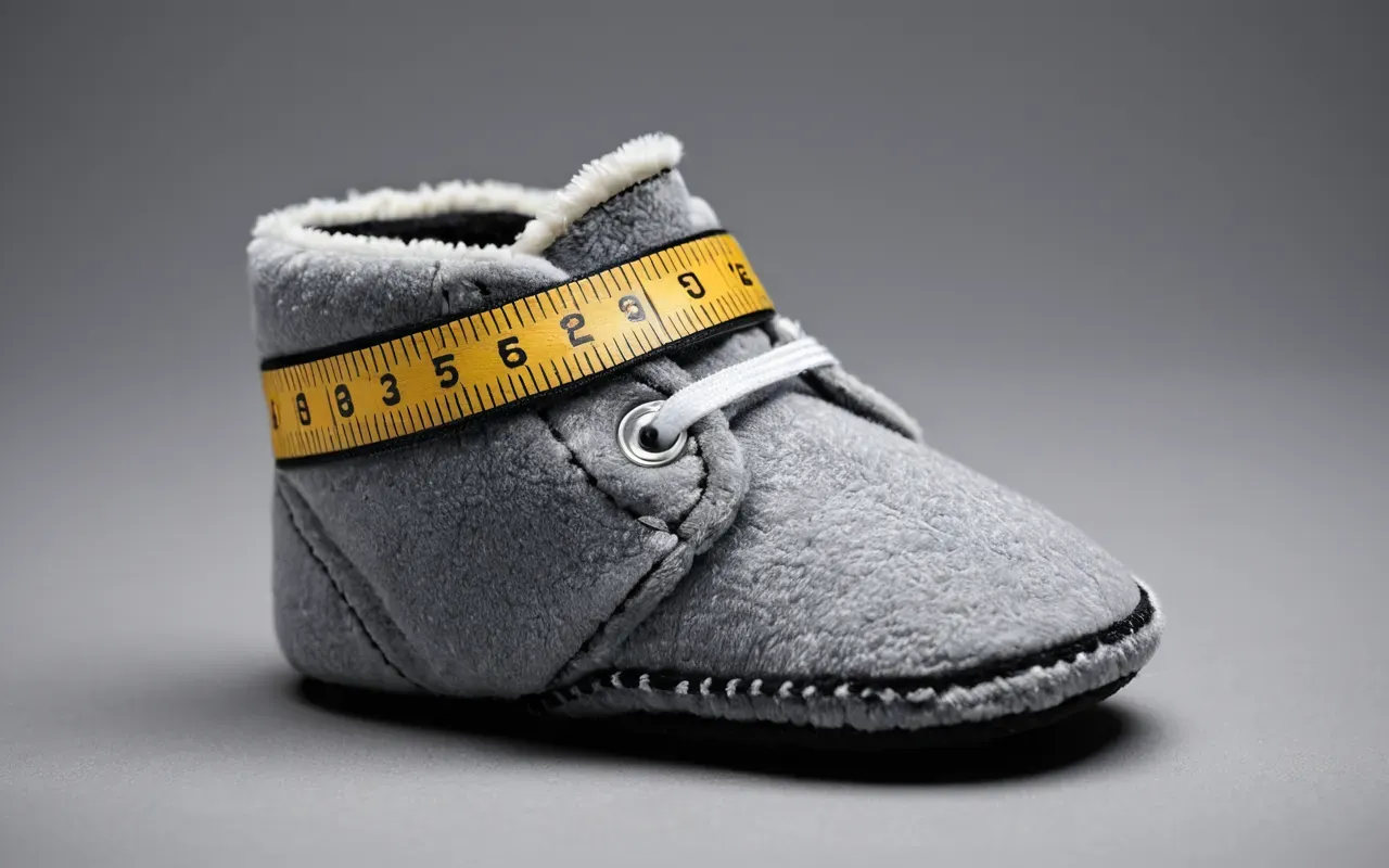 Close-up of a soft measuring tape wrapped around a plush baby bootie on a neutral gray backdrop, soft studio lighting, clean product photography