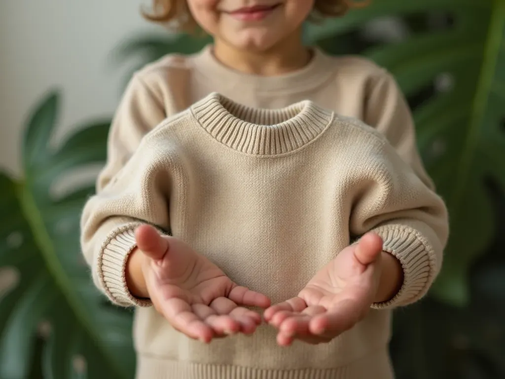 Close up shot of hands holding a soft textured organic cotton toddler sweater in natural beige color against blurred green plant background emphasizing sustainability theme. Focus on fabric weave details showing high quality construction suitable for sensitive skin care needs associated with eco-conscious parenting choices prioritizing environmental responsibility.