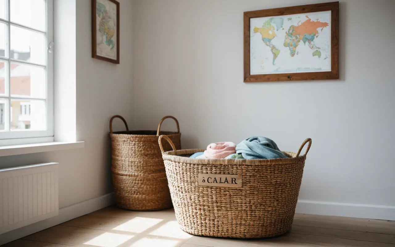 Modern minimalist nursery corner with a woven storage basket holding folded pastel garments, natural window light, calm editorial atmosphere
