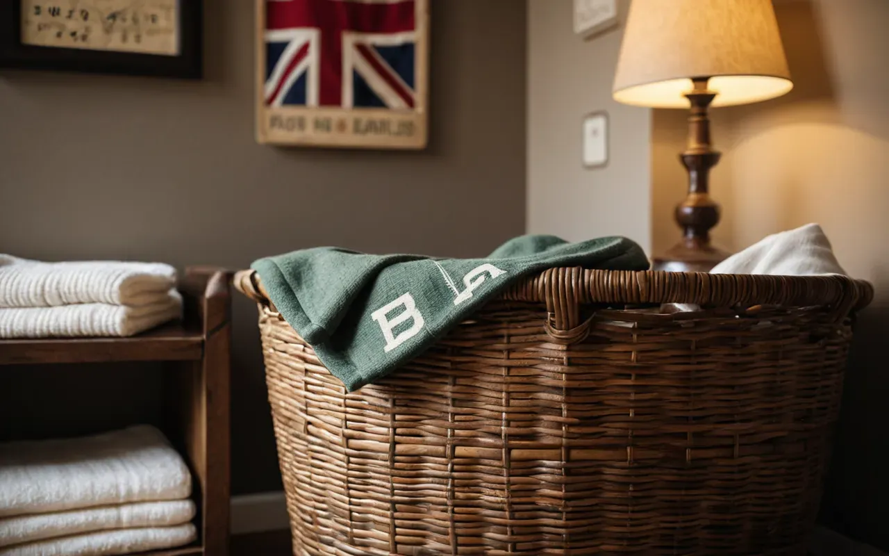 baby nursery essentials Soft focused photograph of a modern nursery corner with a woven storage basket holding neatly folded baby blankets, warm ambient lighting, clean neutral palette, editorial styling