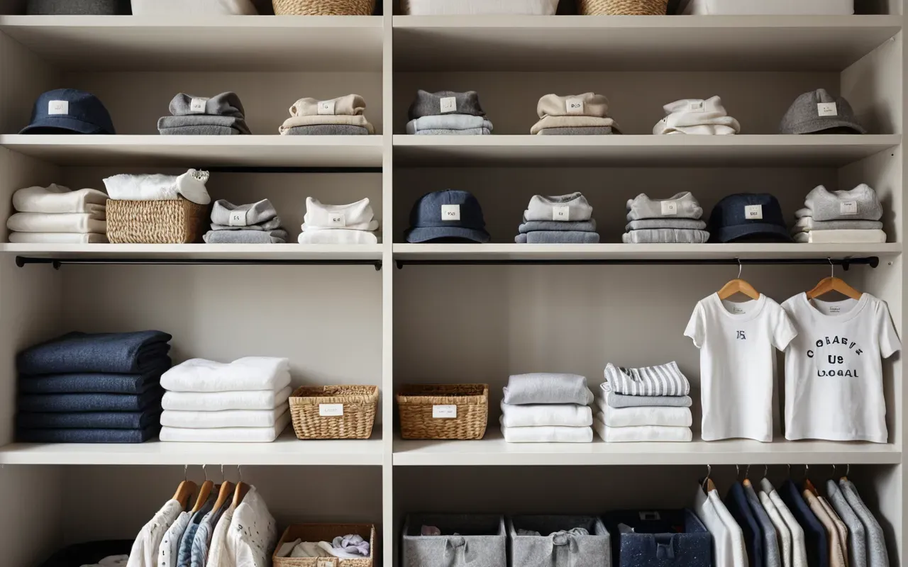 Soft natural light illuminating a tidy shelf of organized baby clothes in neutral tones, clean modern storage setup, minimalist lifestyle photography