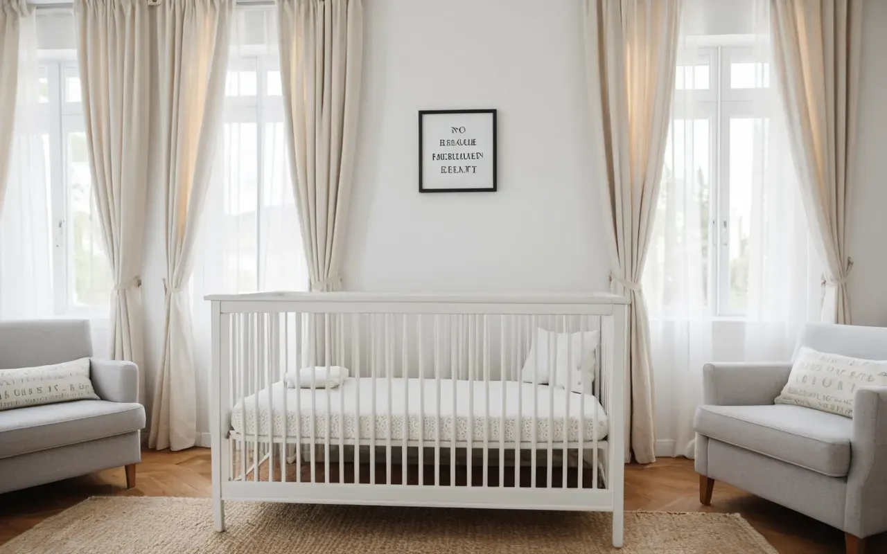 nursery environment design A bright and airy nursery room with a white crib in the center and soft natural light streaming through sheer curtains.