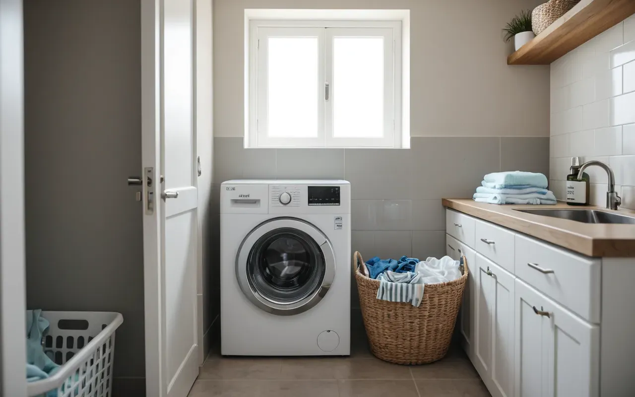 baby laundry routine setup A bright modern laundry room with a washing machine and dryer. A basket of clean colorful baby clothes sits on the counter next to a bottle of gentle detergent.