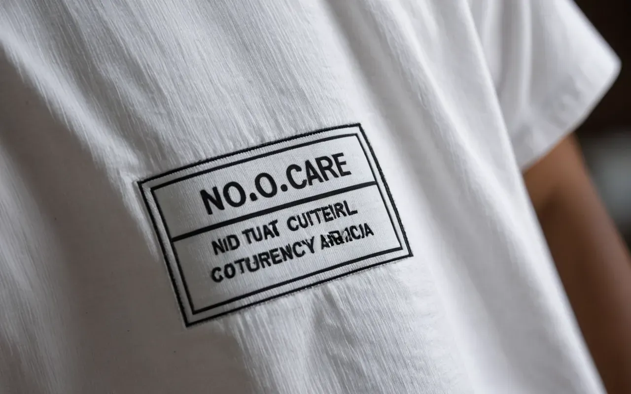 interpreting baby clothes labels safely A close-up of a fabric care label on a white cotton shirt showing simple symbols without any readable text characters visible.