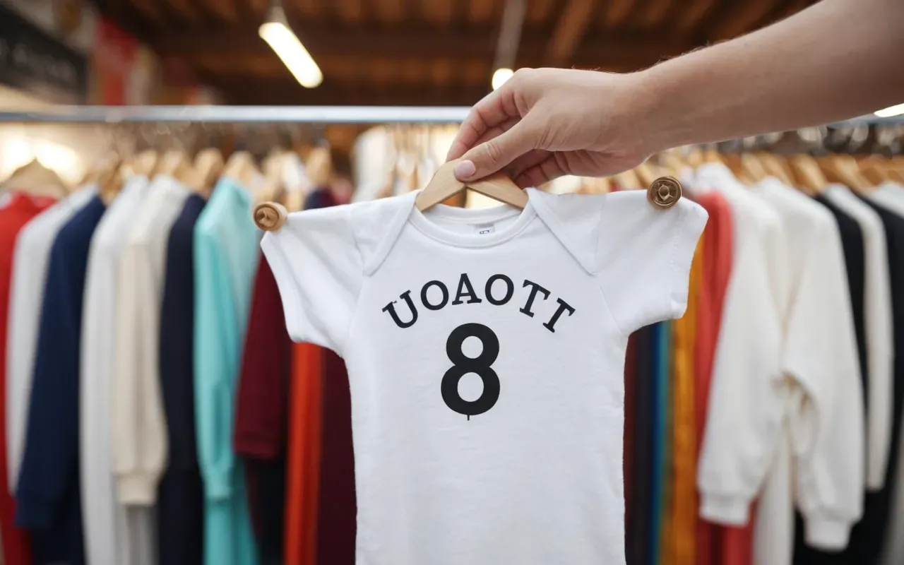 A close up of a hand holding a soft folded white cotton onesie against a blurred background of colorful fabric bolts in a bright modern boutique.