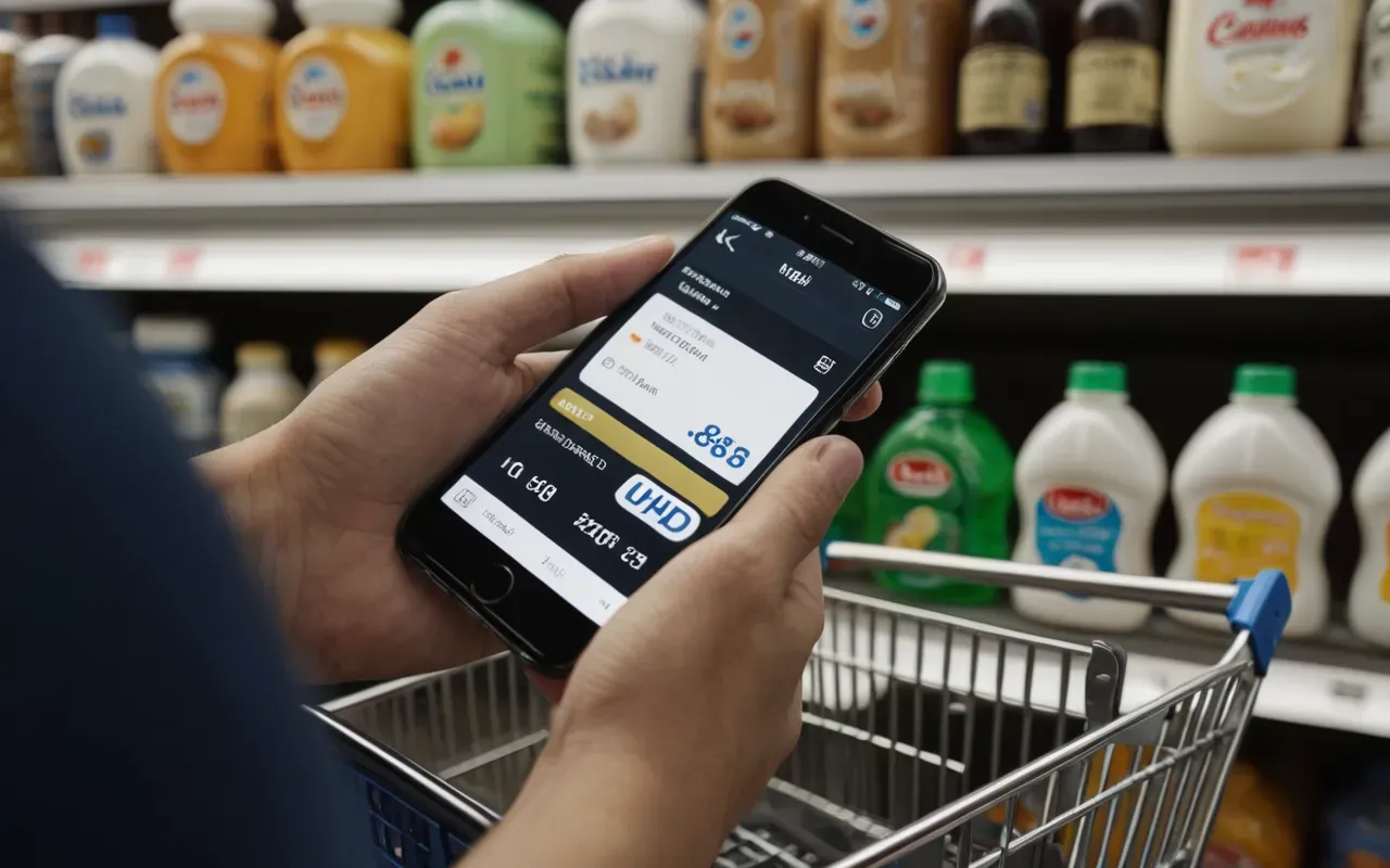A close up of a hand holding a credit card next to a smartphone screen showing a shopping cart filled with various baby products like bottles and diapers. The background is blurred but shows a messy room with scattered toys and clothes indicating the aftermath of online shopping.