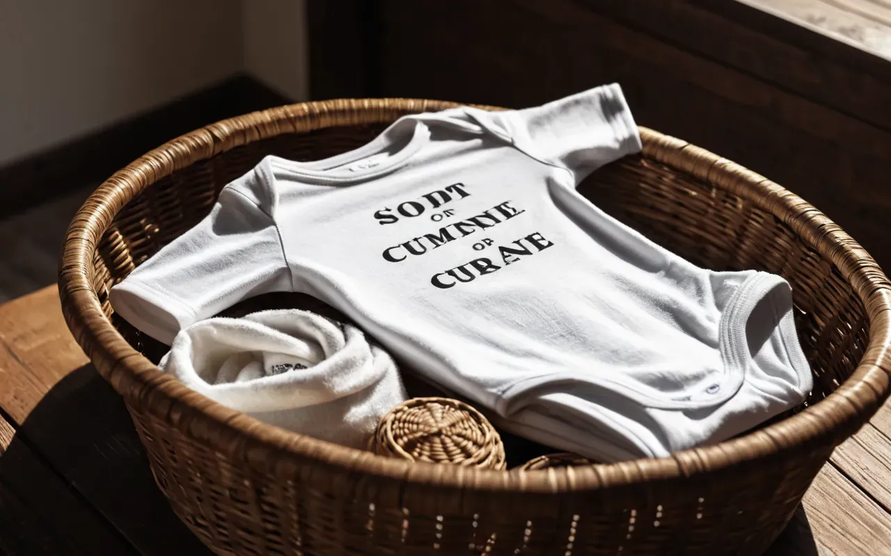 baby clothing inspection A close-up of a soft cotton baby bodysuit on a wooden surface next to a small basket of folded clothes in warm natural light.