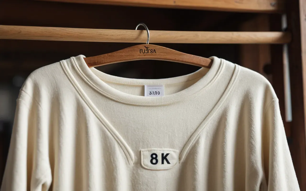 A close-up of a soft cream-colored cotton onesie hanging on a wooden rack in bright natural light. The fabric texture is visible and the background is blurred with neutral tones.
