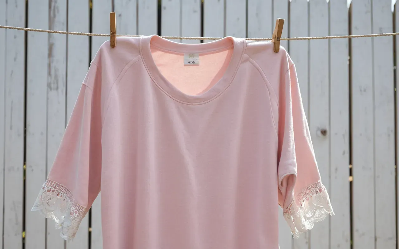 A close up of a soft pastel pink cotton onesie hanging on a white wooden drying line in bright morning sunlight with delicate lace trim and no visible tags or logos
