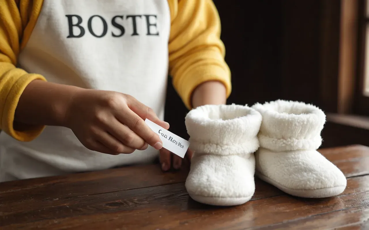 newborn outfit shopping A close-up of small hands holding a pair of soft white cotton booties next to a folded yellow onesie on a plain wooden table with warm natural light from the side.