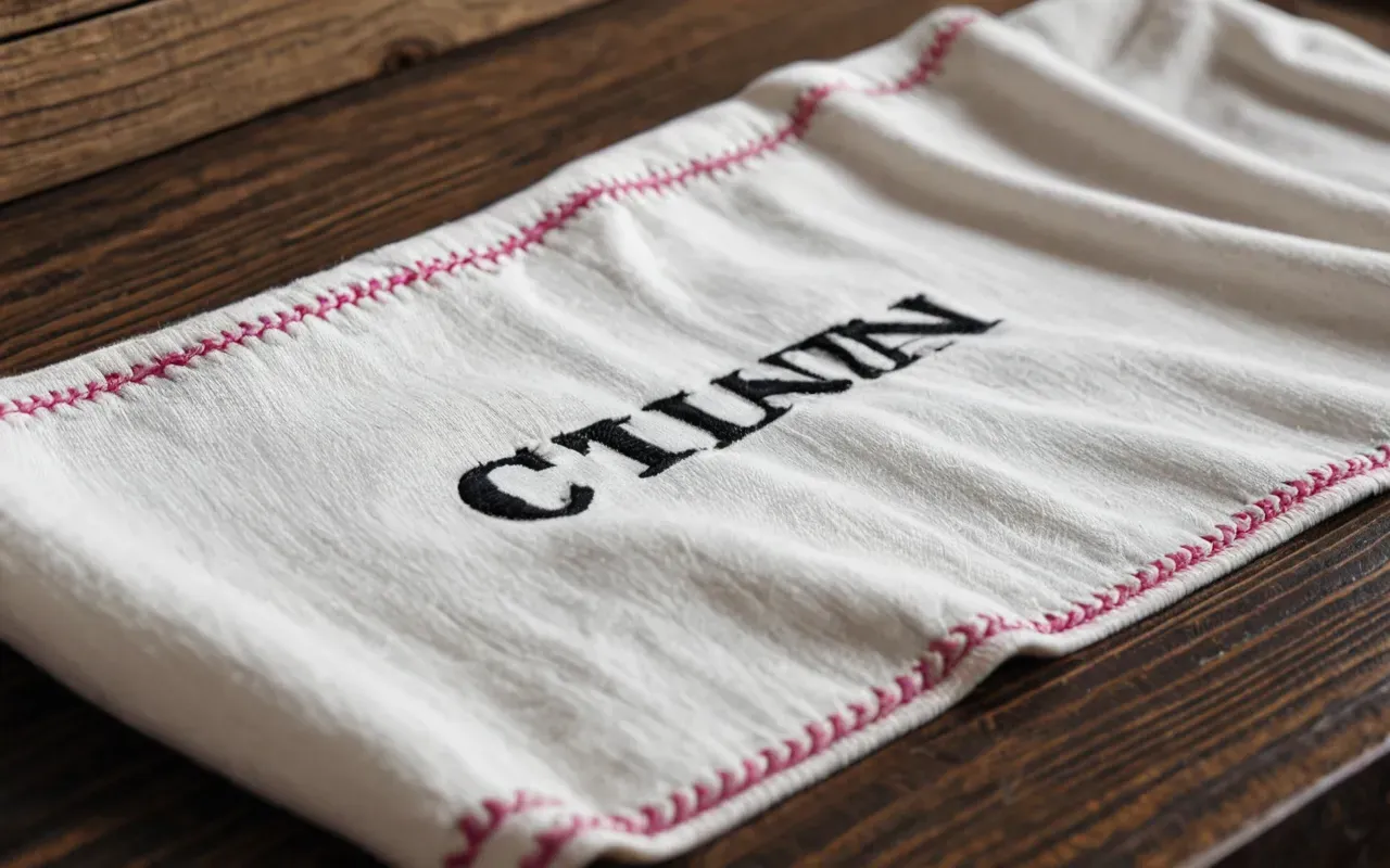 A close up of soft white cotton fabric with gentle pink stitching lying on a clean wooden surface. Natural light highlights the texture and comfort of the material.