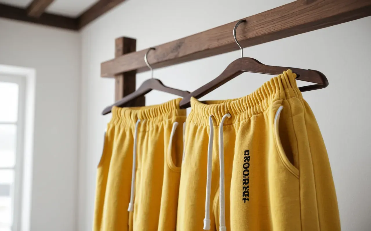 A close-up of soft yellow baby joggers hanging on a wooden rack in a bright room with natural light and white walls.