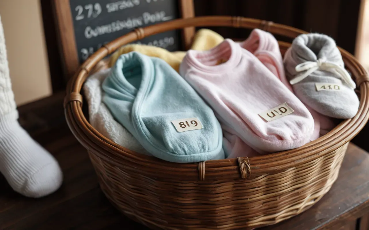 soft baby clothing textures A close up view of a wooden basket filled with soft pastel cotton onesies and tiny socks. Natural warm lighting highlights the texture of the fabric in a cozy modern interior setting.