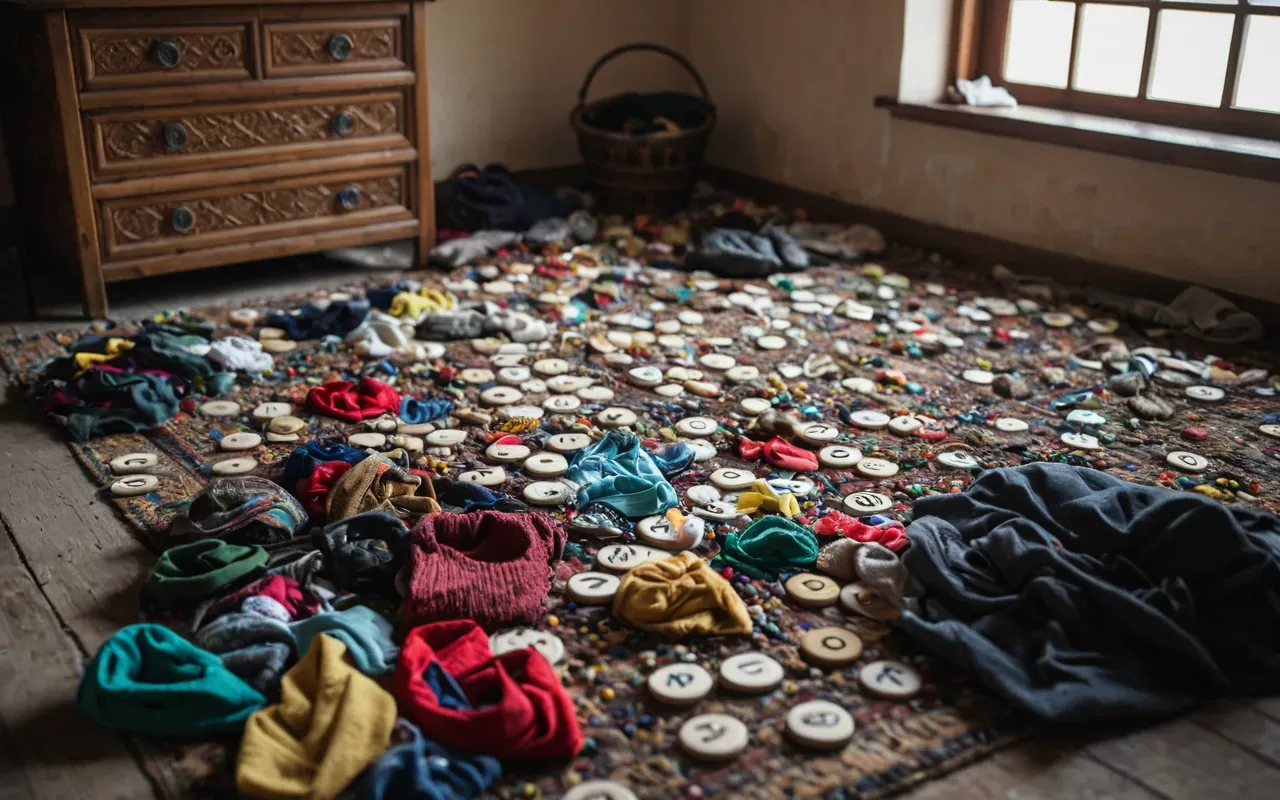 messy baby clothes A cluttered bedroom floor with a messy pile of tiny colorful clothing items scattered near a wooden crib and soft natural light from a window