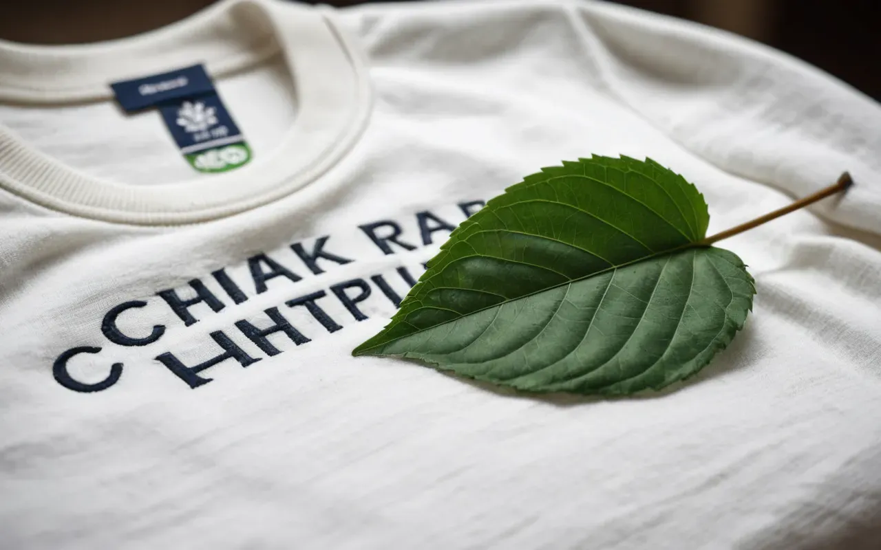eco friendly baby clothing choice A green leaf resting on a folded white cotton baby shirt symbolizing eco-friendly choices in soft natural lighting.