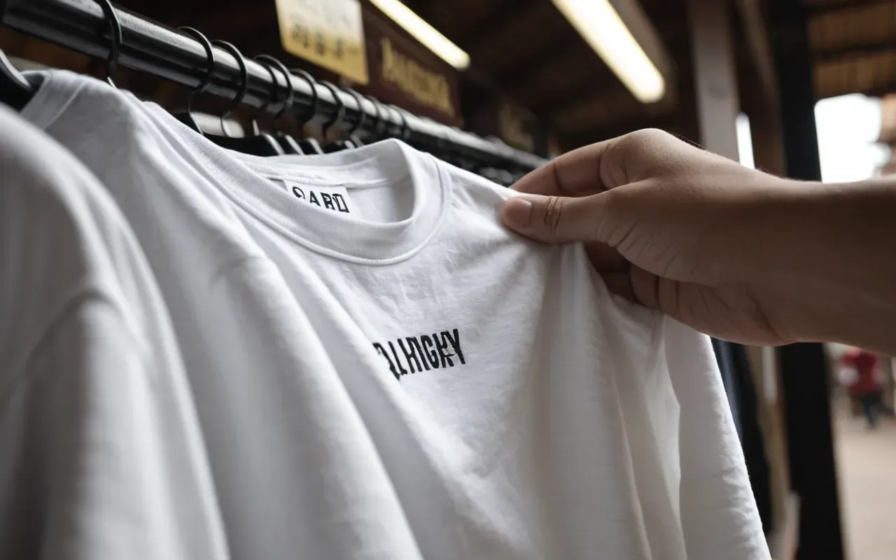 inspecting infant garments A hand holding a white cotton baby shirt up to bright light showing fabric texture and softness without any visible defects.