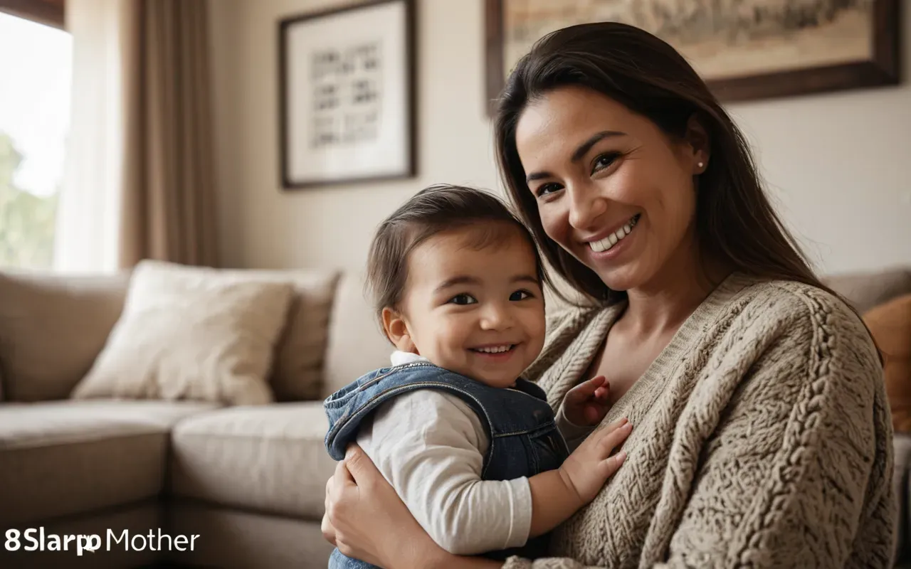 A happy mother holding her smiling toddler in a cozy living room with soft natural light and warm neutral colors.